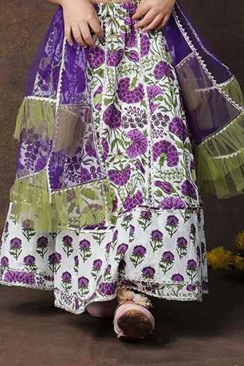 Jhambthreads_White Cotton, Net Floral Print Lehenga Set _Online_at_Aza_Fashions
