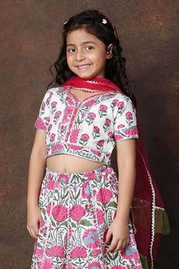 Jhambthreads_Pink Cotton, Net Floral Print Lehenga Set _Online_at_Aza_Fashions
