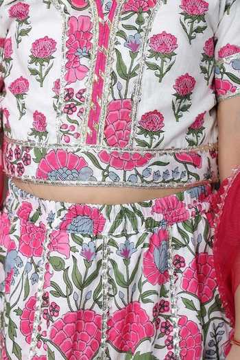 Shop_Jhambthreads_Pink Cotton, Net Floral Print Lehenga Set _Online_at_Aza_Fashions