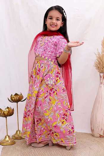 Jhambthreads_Pink Cotton Floral And Chevron Print Lehenga Set _Online_at_Aza_Fashions