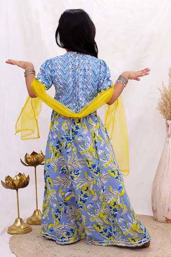 Shop Jhambthreads Blue Cotton Chevron And Floral Print Lehenga Set at Aza Fashions Shop_Jhambthreads_Blue Cotton Chevron And Floral Print Lehenga Set _at_Aza_Fashions