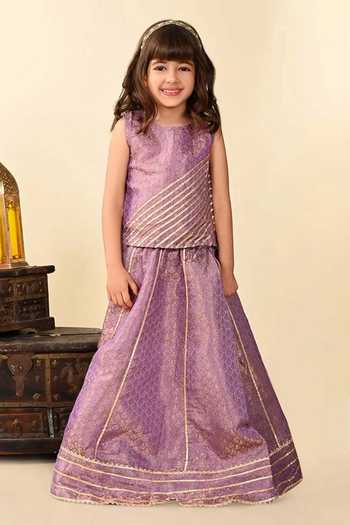 Jhambthreads Floral Foil Print Brocade Lehenga & Top Set 