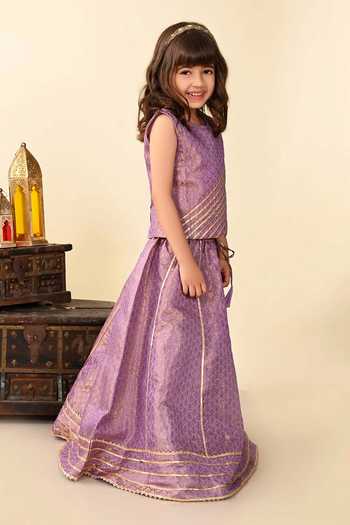 Jhambthreads Floral Foil Print Brocade Lehenga & Top Set 