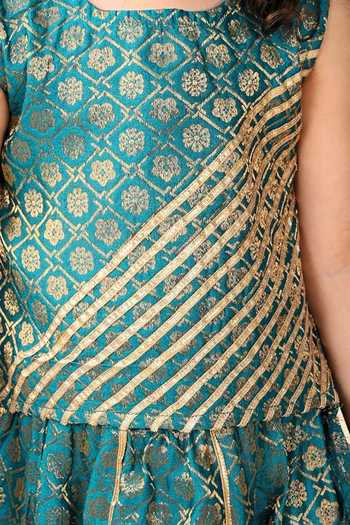 Jhambthreads_Blue Brocade Foil Print Lehenga And Top Set _Online_at_Aza_Fashions