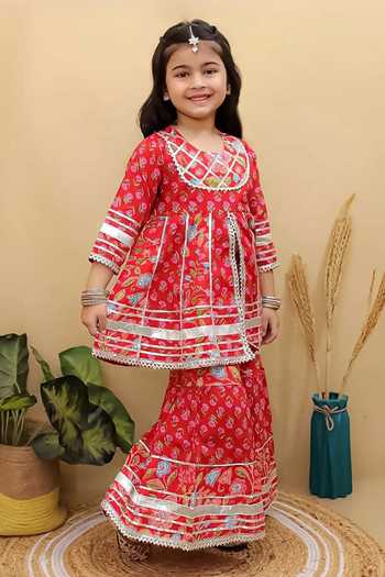 Jhambthreads_Red Cotton Floral Print Short Anarkali And Sharara Set _Online_at_Aza_Fashions