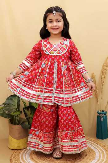 Jhambthreads Floral Print Short Cotton Anarkali & Sharara Set 