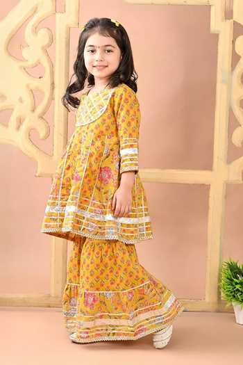 Jhambthreads Yellow Cotton Printed Floral Anarkali And Sharara Set Online at Aza Fashions Jhambthreads_Yellow Cotton Printed Floral Anarkali And Sharara Set _Online_at_Aza_Fashions