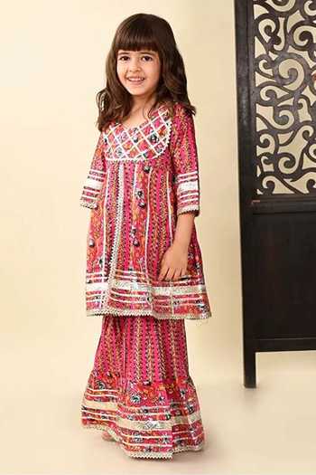 Jhambthreads_Pink Fabric Printed Short Anarkali And Sharara Set _Online_at_Aza_Fashions