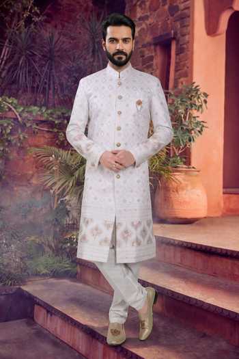 Jhambthreads Traditional Embroidered Silk Mens Sherwani & Pant Set 