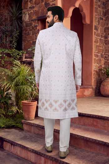 Jhambthreads Traditional Embroidered Silk Mens Sherwani & Pant Set 