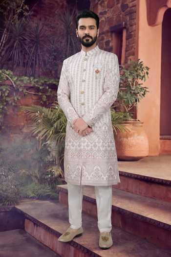 Buy Jhambthreads White Silk, Polyester Thread Sequin Embroidered Sherwani Set at Aza Fashions Buy_Jhambthreads_White Silk, Polyester Thread Sequin Embroidered Sherwani Set _at_Aza_Fashions