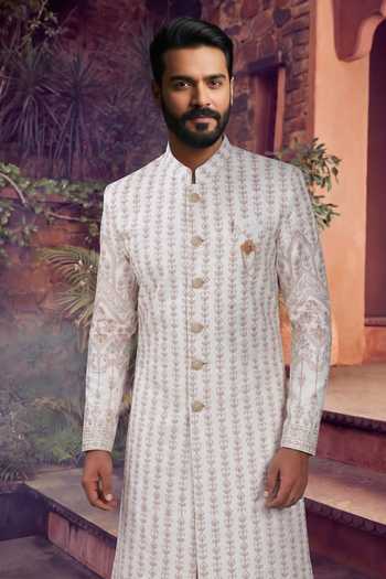 Jhambthreads White Silk, Polyester Thread Sequin Embroidered Sherwani Set Online at Aza Fashions Jhambthreads_White Silk, Polyester Thread Sequin Embroidered Sherwani Set _Online_at_Aza_Fashions