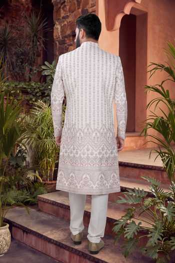 Shop Jhambthreads White Silk, Polyester Thread Sequin Embroidered Sherwani Set at Aza Fashions Shop_Jhambthreads_White Silk, Polyester Thread Sequin Embroidered Sherwani Set _at_Aza_Fashions