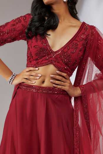 Buy_Neha Khullar_Red Satin, Net, Organza Beads, Lace, Sequins Embroidered Lehenga Set For Kids_Online_at_Aza_Fashions
