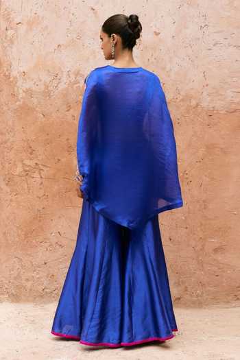 Shop Vinita Bhansali Blue Silk Open Neck Aavya Embroidered Cape Sharara Set at Aza Fashions Shop_Vinita Bhansali_Blue Silk Open Neck Aavya Embroidered Cape Sharara Set _at_Aza_Fashions
