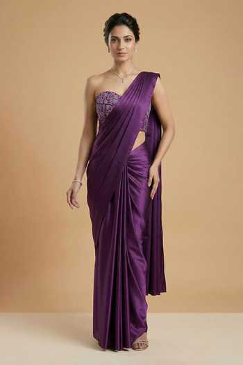 Buy Ellemora Fashions Purple Satin, Net Sweetheart Neck Twilight Pre-draped Saree And Blouse Set at Aza Fashions Buy_Ellemora Fashions_Purple Satin, Net Sweetheart Neck Twilight Pre-draped Saree And Blouse Set _at_Aza_Fashions