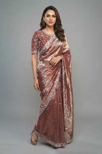 Buy Ellemora Fashions Brown Net, Tissue Round Neck Vintage Glace Shimmer Saree Set at Aza Fashions Buy_Ellemora Fashions_Brown Net, Tissue Round Neck Vintage Glace Shimmer Saree Set _at_Aza_Fashions