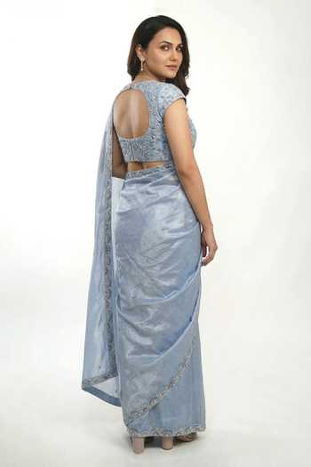 Ellemora Fashions_Blue Tissue Scoop Neck Icy Flora Shimmer Saree Set _Online_at_Aza_Fashions