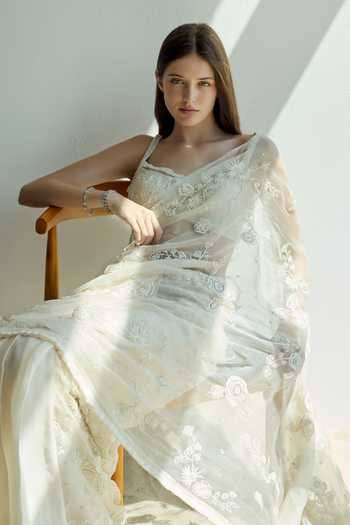 Rosé Anupama Khanna Ivory Organza, Silk, Georgette, Hand Embroidered Pre-draped Saree And Blouse Set Online at Aza Fashions Rosé Anupama Khanna_Ivory Organza, Silk, Georgette, Hand Embroidered Pre-draped Saree And Blouse Set _Online_at_Aza_Fashions