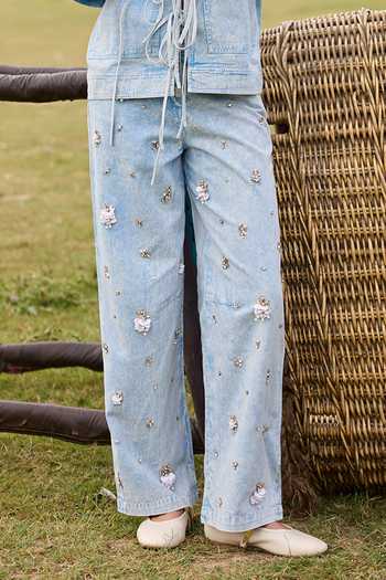 Kay Kay Blue Denim Collared Neck Marisa Tie-up Top And Pant Set Online at Aza Fashions Kay Kay_Blue Denim Collared Neck Marisa Tie-up Top And Pant Set _Online_at_Aza_Fashions