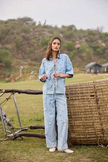 Buy Kay Kay Blue Denim Collared Neck Marisa Tie-up Top And Pant Set Online at Aza Fashions Buy_Kay Kay_Blue Denim Collared Neck Marisa Tie-up Top And Pant Set _Online_at_Aza_Fashions