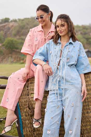 Shop Kay Kay Blue Denim Collared Neck Marisa Tie-up Top And Pant Set Online at Aza Fashions Shop_Kay Kay_Blue Denim Collared Neck Marisa Tie-up Top And Pant Set _Online_at_Aza_Fashions