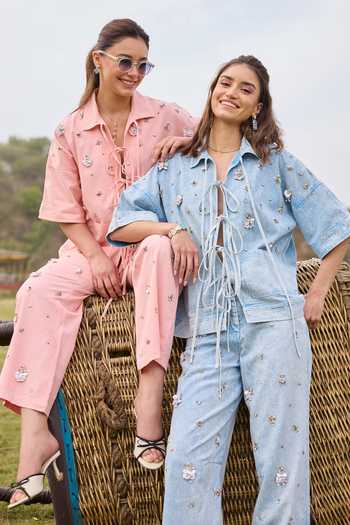 Kay Kay Blue Denim Collared Neck Marisa Tie-up Top And Pant Set at Aza Fashions Kay Kay_Blue Denim Collared Neck Marisa Tie-up Top And Pant Set _at_Aza_Fashions