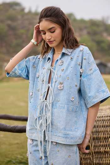 Buy Kay Kay Blue Denim Collared Neck Marisa Tie-up Top And Pant Set Buy_Kay Kay_Blue Denim Collared Neck Marisa Tie-up Top And Pant Set