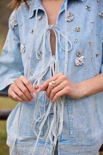Shop Kay Kay Blue Denim Collared Neck Marisa Tie-up Top And Pant Set Shop_Kay Kay_Blue Denim Collared Neck Marisa Tie-up Top And Pant Set