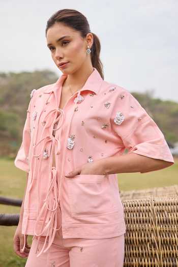 Buy_Kay Kay_Pink Denim Collared Neck Rosalia Tie-up Top And Pant Set 