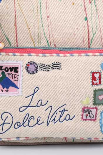 Shop CHOOSE KIND Multi Color Dugong Stamps And Stories Backpack Online at Aza Fashions Shop_CHOOSE KIND_Multi Color Dugong Stamps And Stories Backpack _Online_at_Aza_Fashions