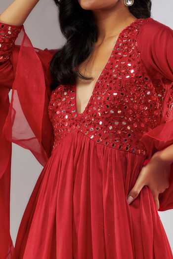 Neha Khullar Red Chanderi Silk, Organza, Cotton Mirrors, Cut Embroidered Yoke Anarkali Set For Kids Online at Aza Fashions Neha Khullar_Red Chanderi Silk, Organza, Cotton Mirrors, Cut Embroidered Yoke Anarkali Set For Kids_Online_at_Aza_Fashions