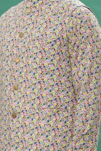 SPRING BREAK_Multi Color Cotton Embroidery Micro Floral Bundi Kurta Set_Online_at_Aza_Fashions