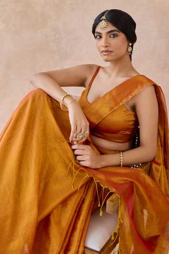 Buy_Amaara_Orange Tissue Handloom Saree With Running Blouse _Online_at_Aza_Fashions