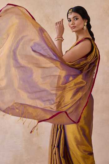 Amaara_Gold Tissue Jamun Handloom Saree With Running Blouse _Online_at_Aza_Fashions