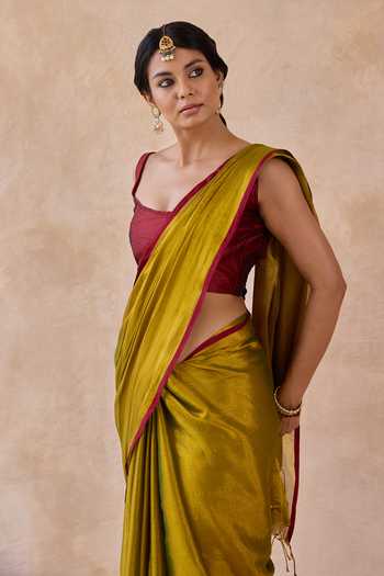 Amaara_Green Tissue Mehndi Handloom Saree With Running Blouse _Online_at_Aza_Fashions