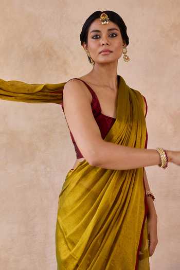 Shop_Amaara_Green Tissue Mehndi Handloom Saree With Running Blouse _Online_at_Aza_Fashions