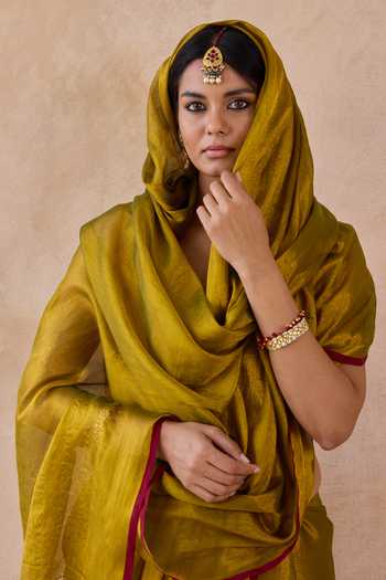 Shop_Amaara_Green Tissue Mehndi Handloom Saree With Running Blouse 