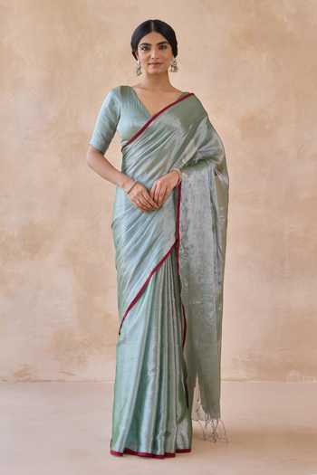 Amaara Pista Green Tissue Handloom Saree With Running Blouse 