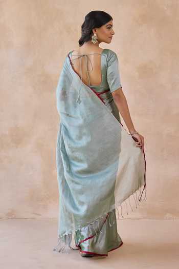 Amaara Pista Green Tissue Handloom Saree With Running Blouse 