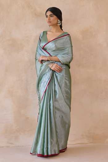 Amaara_Green Tissue Pista Handloom Saree With Running Blouse _Online_at_Aza_Fashions