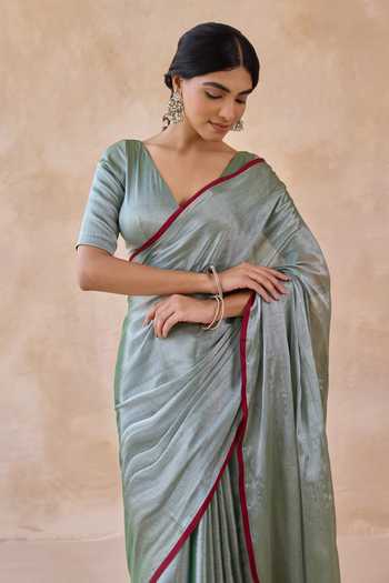 Shop_Amaara_Green Tissue Pista Handloom Saree With Running Blouse _Online_at_Aza_Fashions