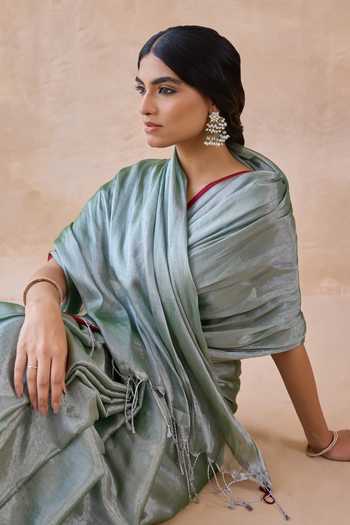 Amaara_Green Tissue Pista Handloom Saree With Running Blouse _at_Aza_Fashions