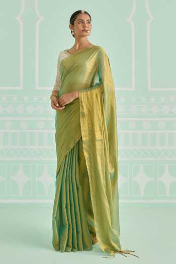 Amaara_Green Tissue Handloom Saree With Running Blouse _Online_at_Aza_Fashions