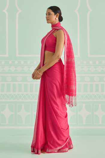 Amaara_Pink Handloom Cotton Rani Saree With Running Blouse _Online_at_Aza_Fashions