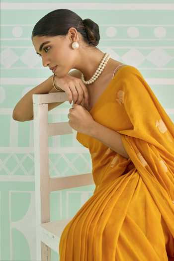 Shop_Amaara_Yellow Handloom Cotton Marigold Saree With Running Blouse _Online_at_Aza_Fashions