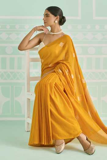 Amaara_Yellow Handloom Cotton Marigold Saree With Running Blouse _at_Aza_Fashions
