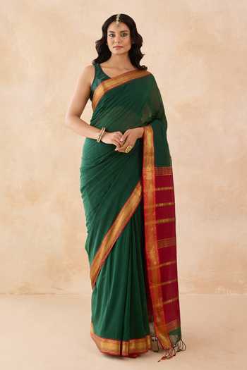 Amaara Deep Green Cotton Saree With Running Blouse 