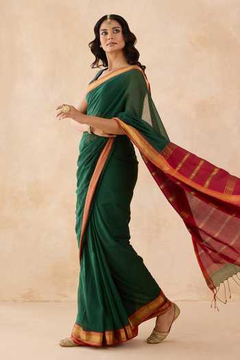 Buy_Amaara_Green Handloom Cotton Deep Saree With Running Blouse _Online_at_Aza_Fashions