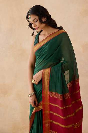 Shop_Amaara_Green Handloom Cotton Deep Saree With Running Blouse _Online_at_Aza_Fashions